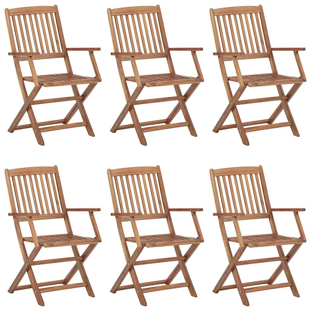 Sechs Holzklappstühle mit Armlehnen. In zwei Reihen angeordnet. Braune Farbe.