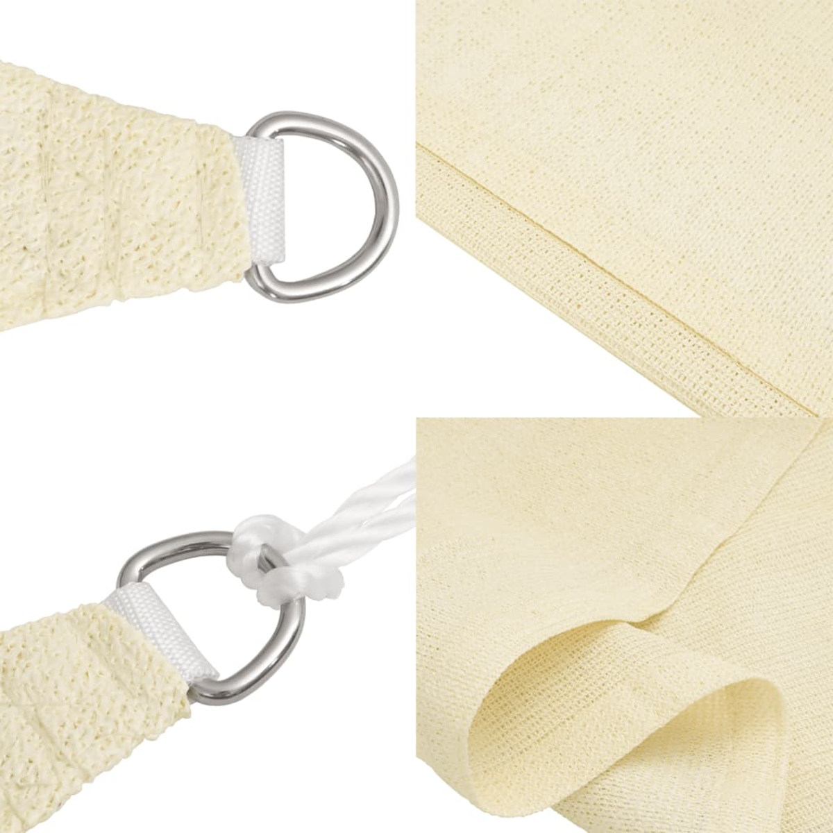 Nahaufnahme eines cremefarbenen Sonnensegels mit Metallringen. Details des Stoffes und der Ringbefestigung.