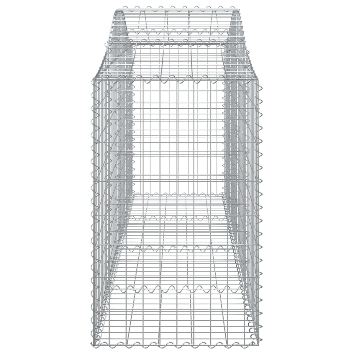 Ein hoher, rechteckiger Drahtgitter-Gabion auf weißem Hintergrund, Seitenansicht.