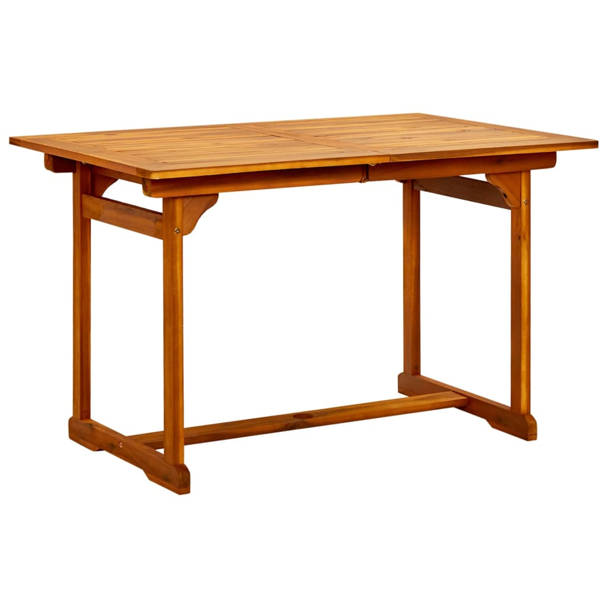 Rechteckiger Holztisch mit Holzbeinen. Er steht auf einer weißen Oberfläche.