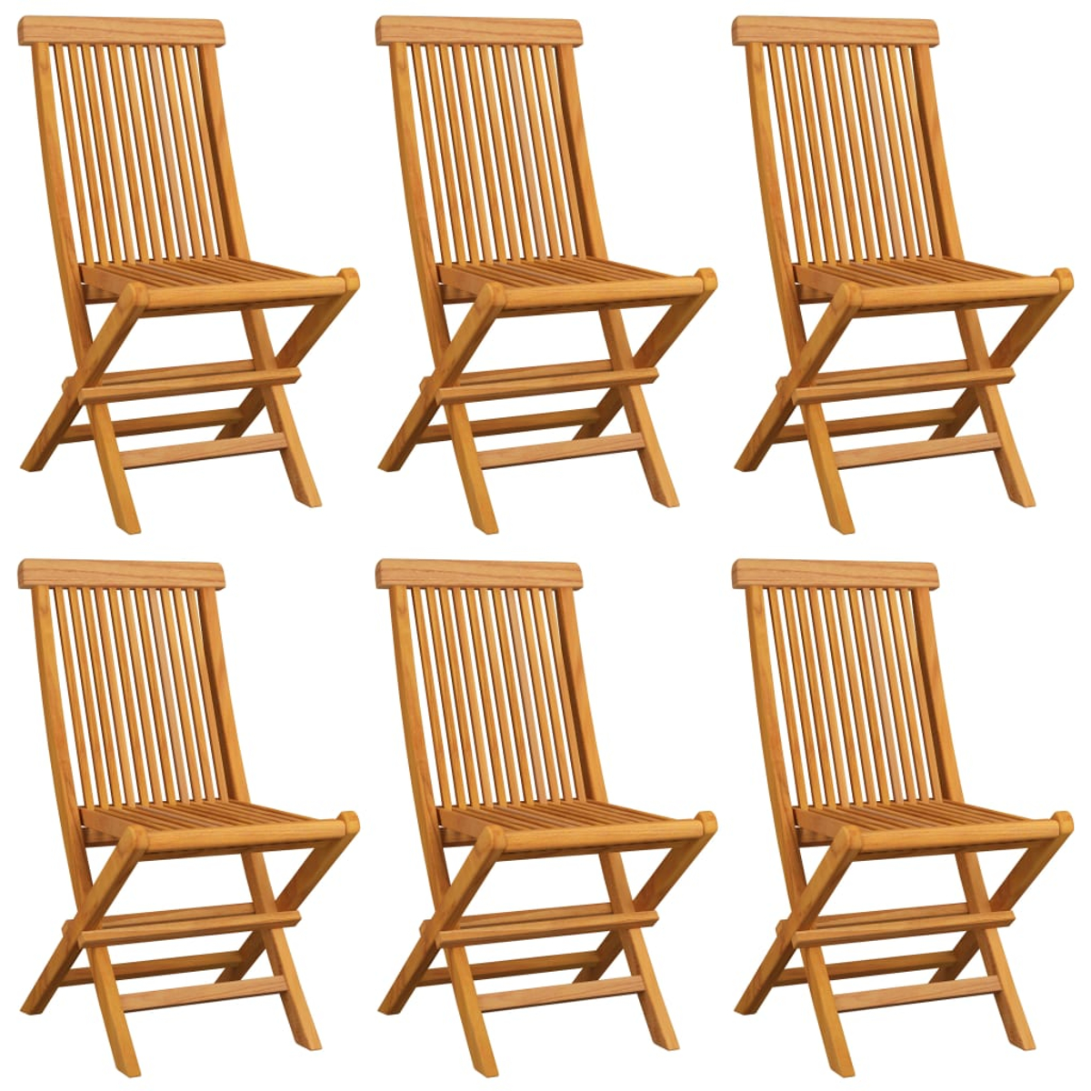 Sechs Holzklappstühle. Sie sind aus Holz und leer.