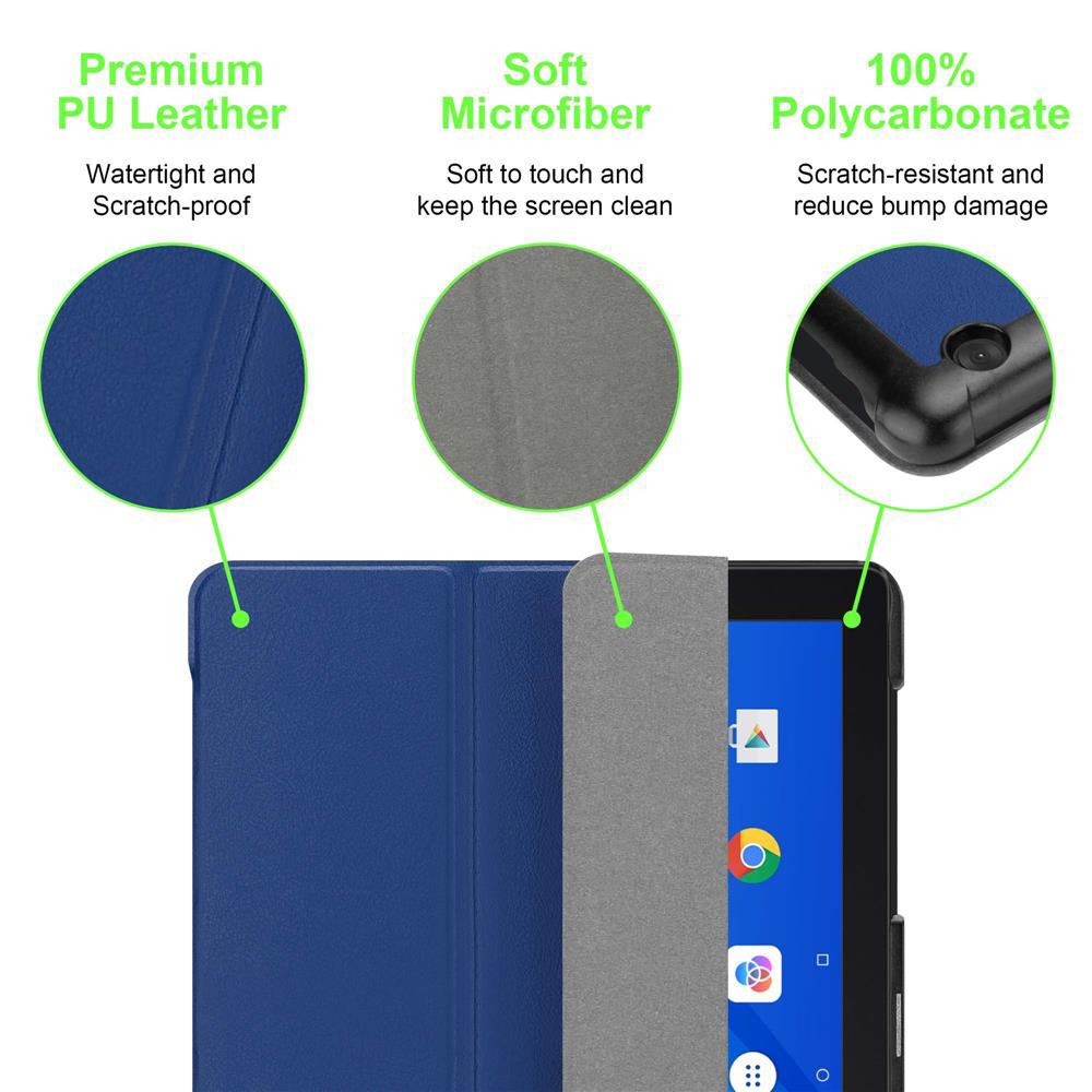 Tablethülle mit Beschriftungen für Materialien: PU-Leder, Mikrofaser und Polycarbonat.