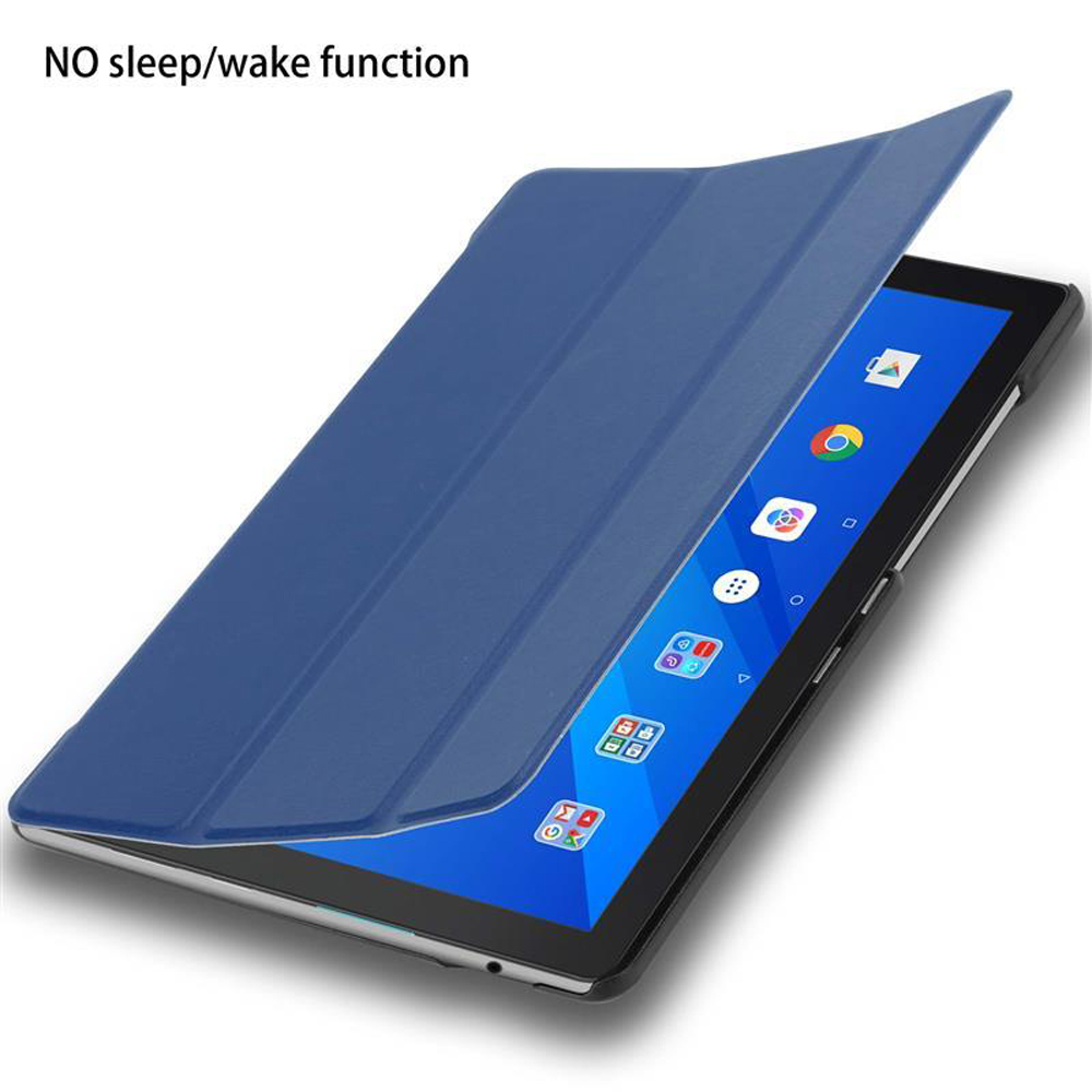 Blaues Tablet mit geöffneter Hülle, Apps werden angezeigt. Text: 'KEINE Schlaf-/Weckfunktion'.