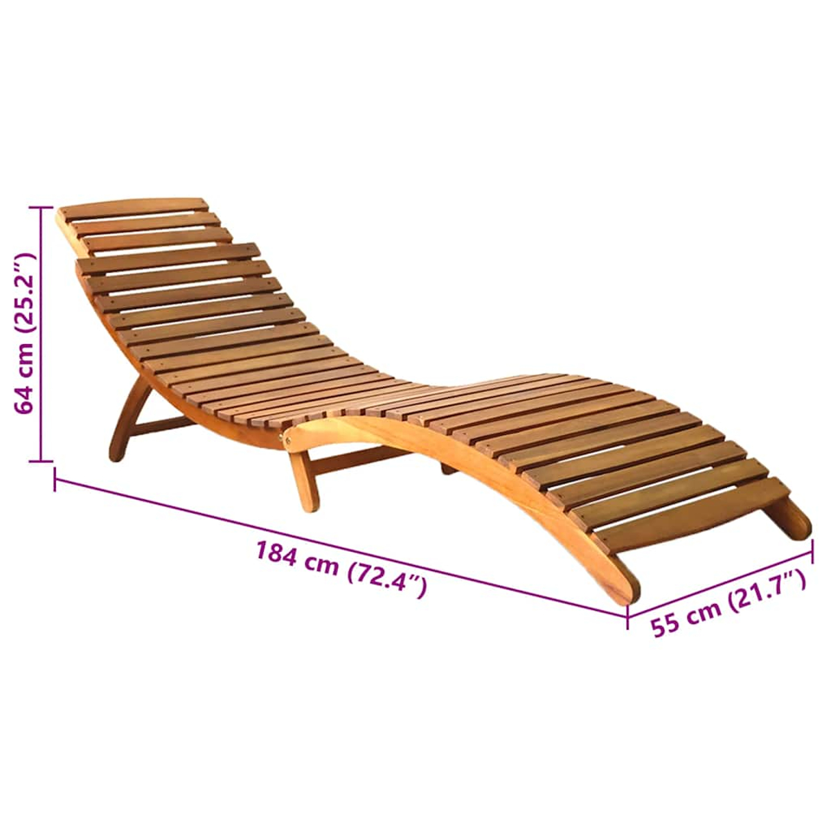 Chaise Lounge aus Holz. Gebogenes Design, Lattenoberfläche. Maße in cm und Zoll.