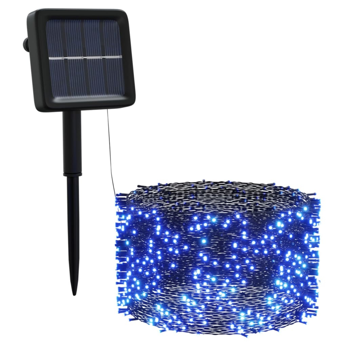 Solarbetriebene blaue Lichterkette in einer Spule, schwarzer Halter.