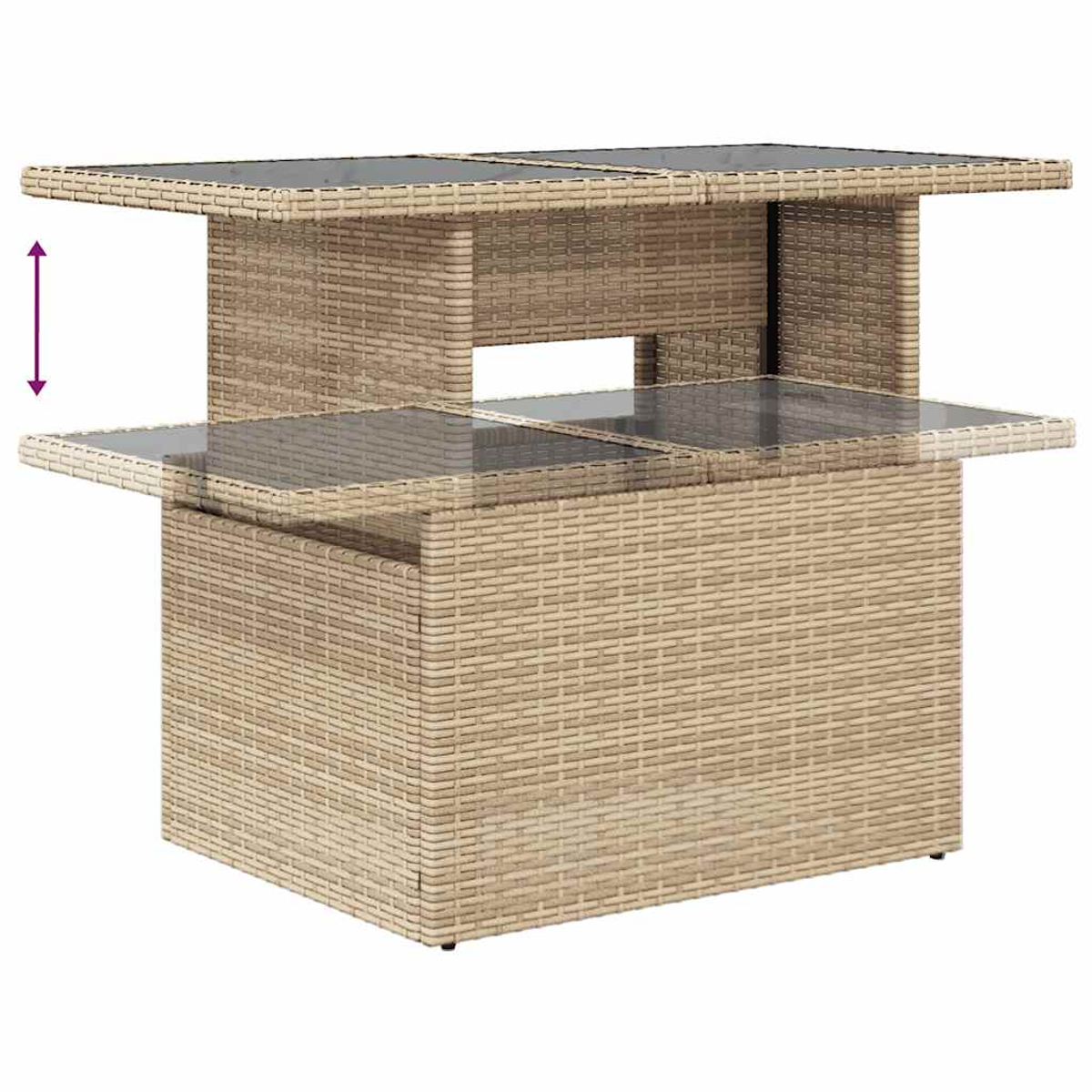 Un tavolino da esterno sollevabile in rattan con piano in vetro; isolato su sfondo bianco.