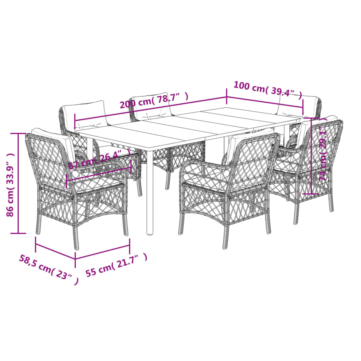 Ein Ess-Set mit Tisch und Stühlen. Die Stühle und der Tisch haben Abmessungen und bestehen aus gewebtem Material.