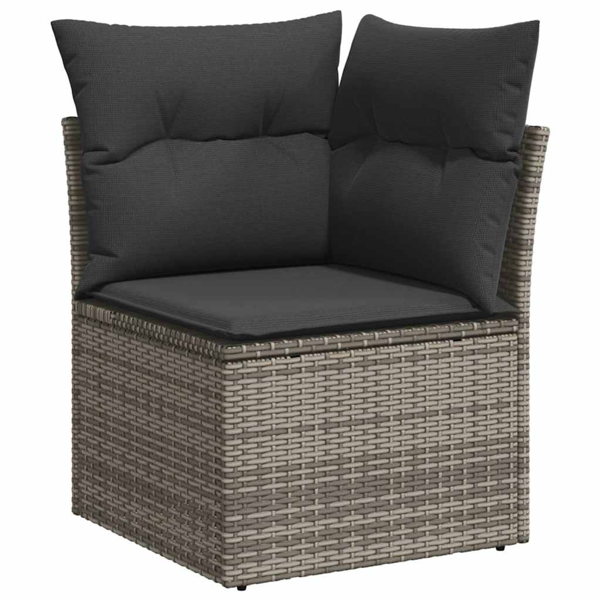 Una sedia angolare in vimini con cuscino e cuscino grigi. La sedia ha un design intrecciato.