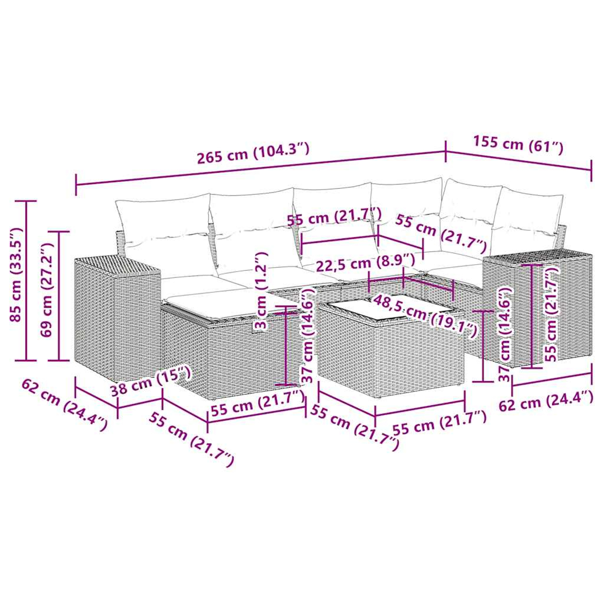 Diagramma con dimensioni. Mostra un divano e un tavolo. Le misure sono in cm e pollici.