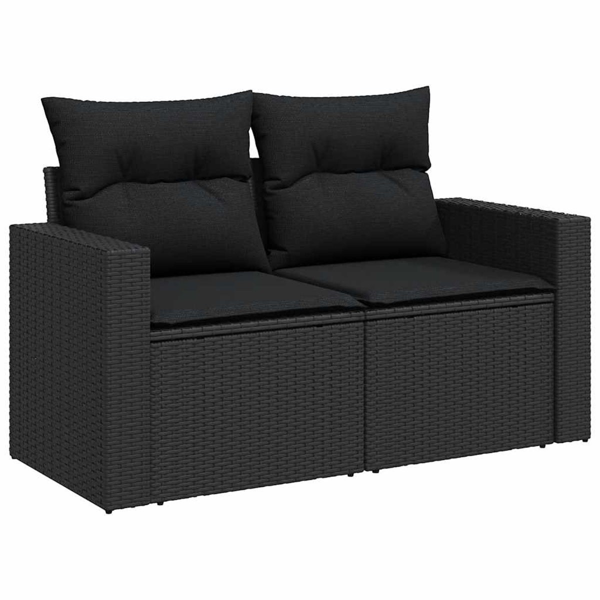 Divano nero da esterno con due cuscini, realizzato in materiale intrecciato.