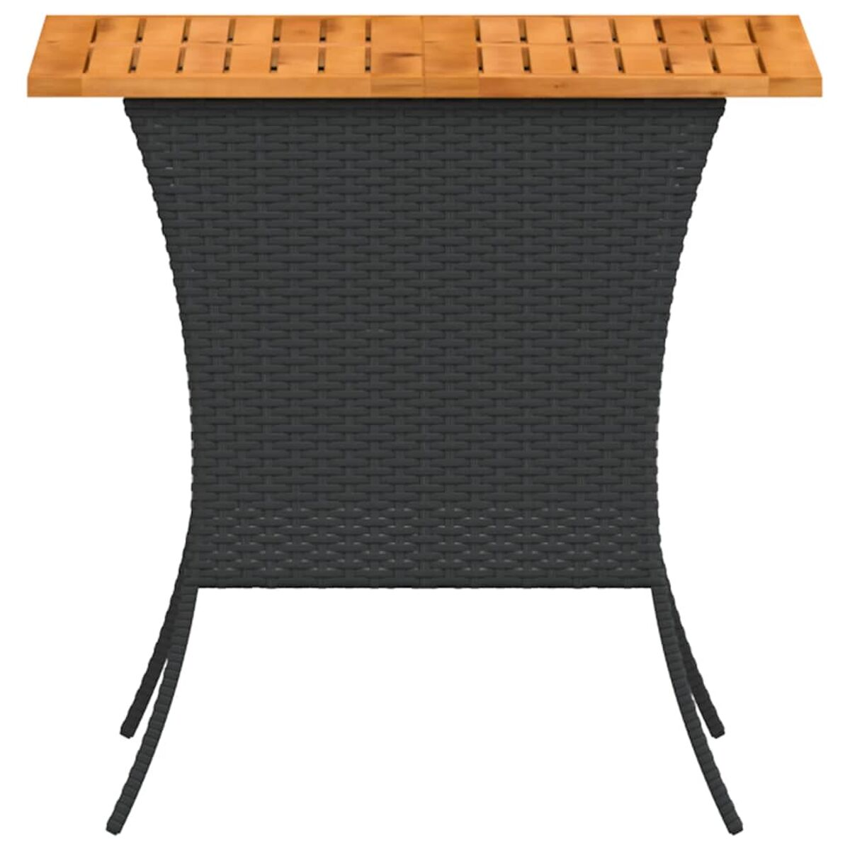 Ein hoher Tisch mit Holzplatte und schwarzen Korbfüßen. Der Tisch ist auf weiß isoliert.
