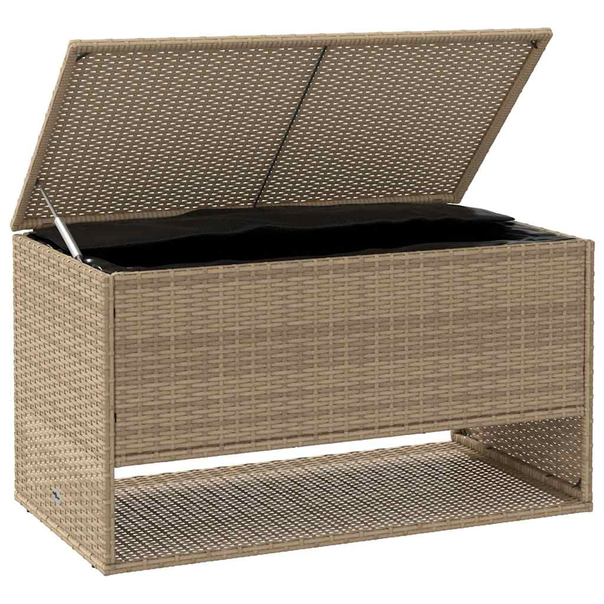 Wicker-Aufbewahrungsbox mit offenem Deckel. Die Innenseite ist mit schwarzem Stoff ausgekleidet.