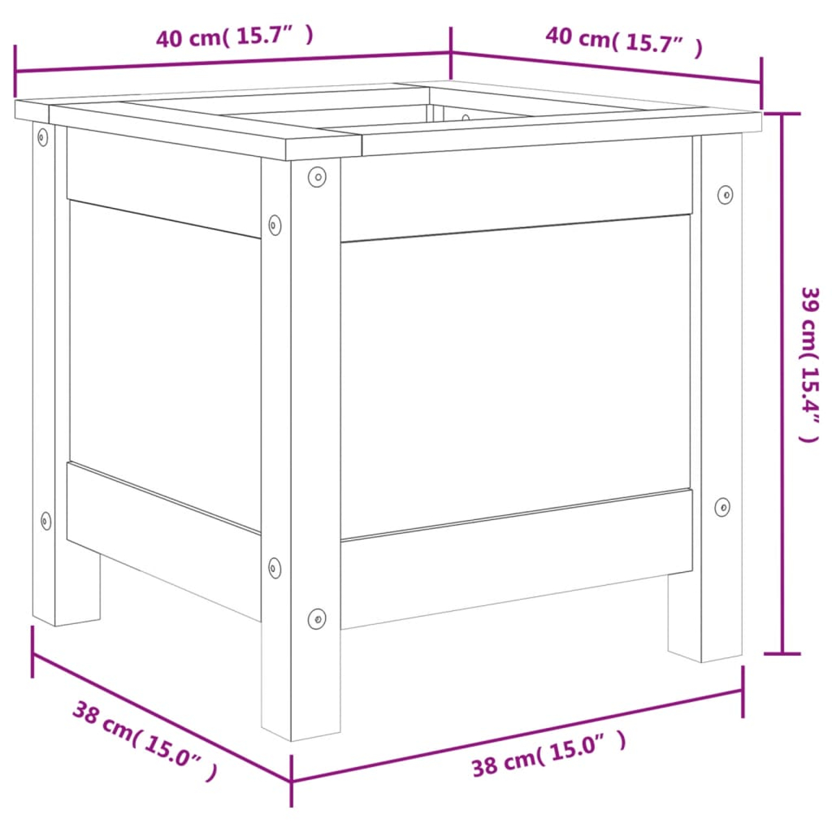 Quadratischer Holzpflanzer mit beschrifteten Abmessungen.