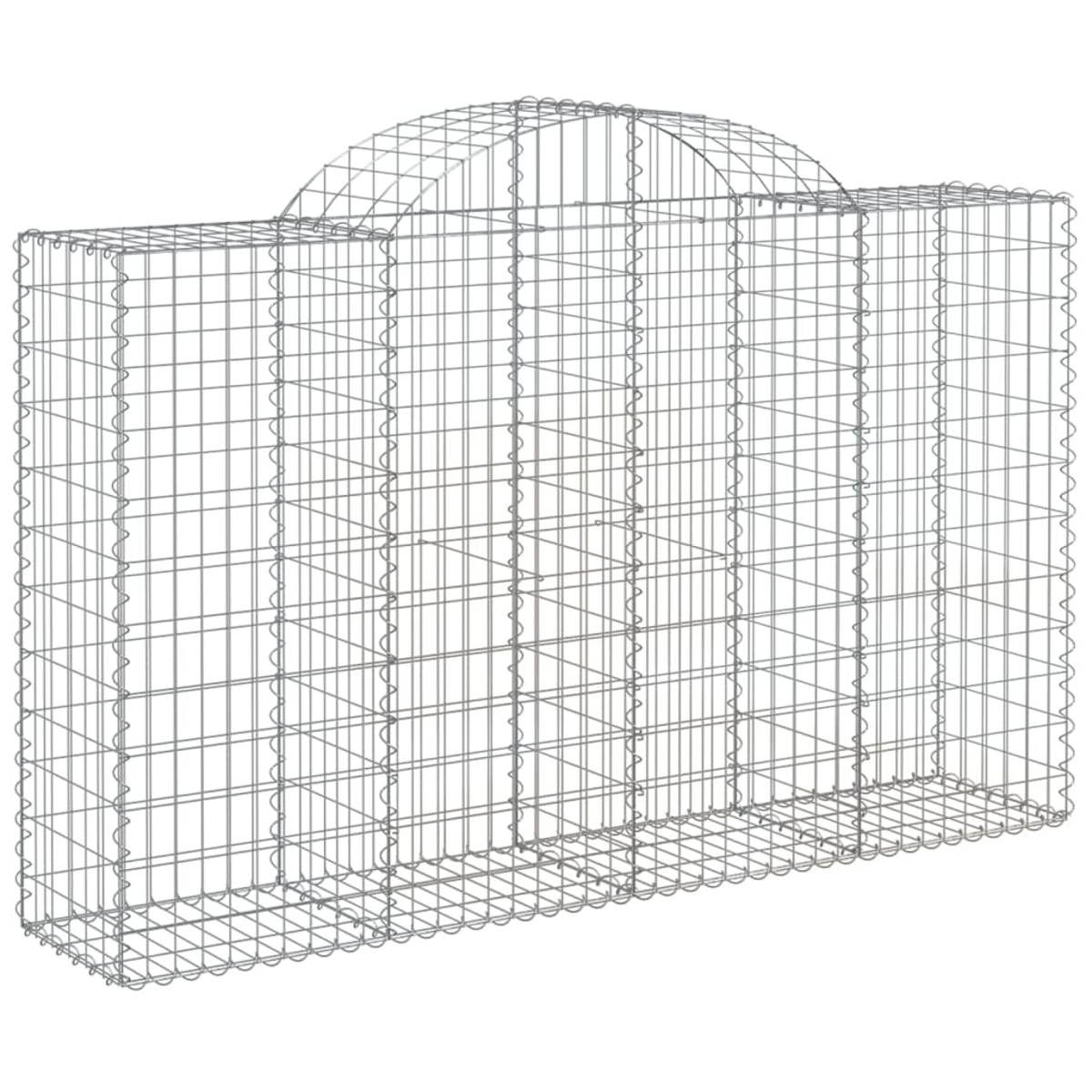Eine Gabionenwand aus Drahtgeflecht und Steinen.
