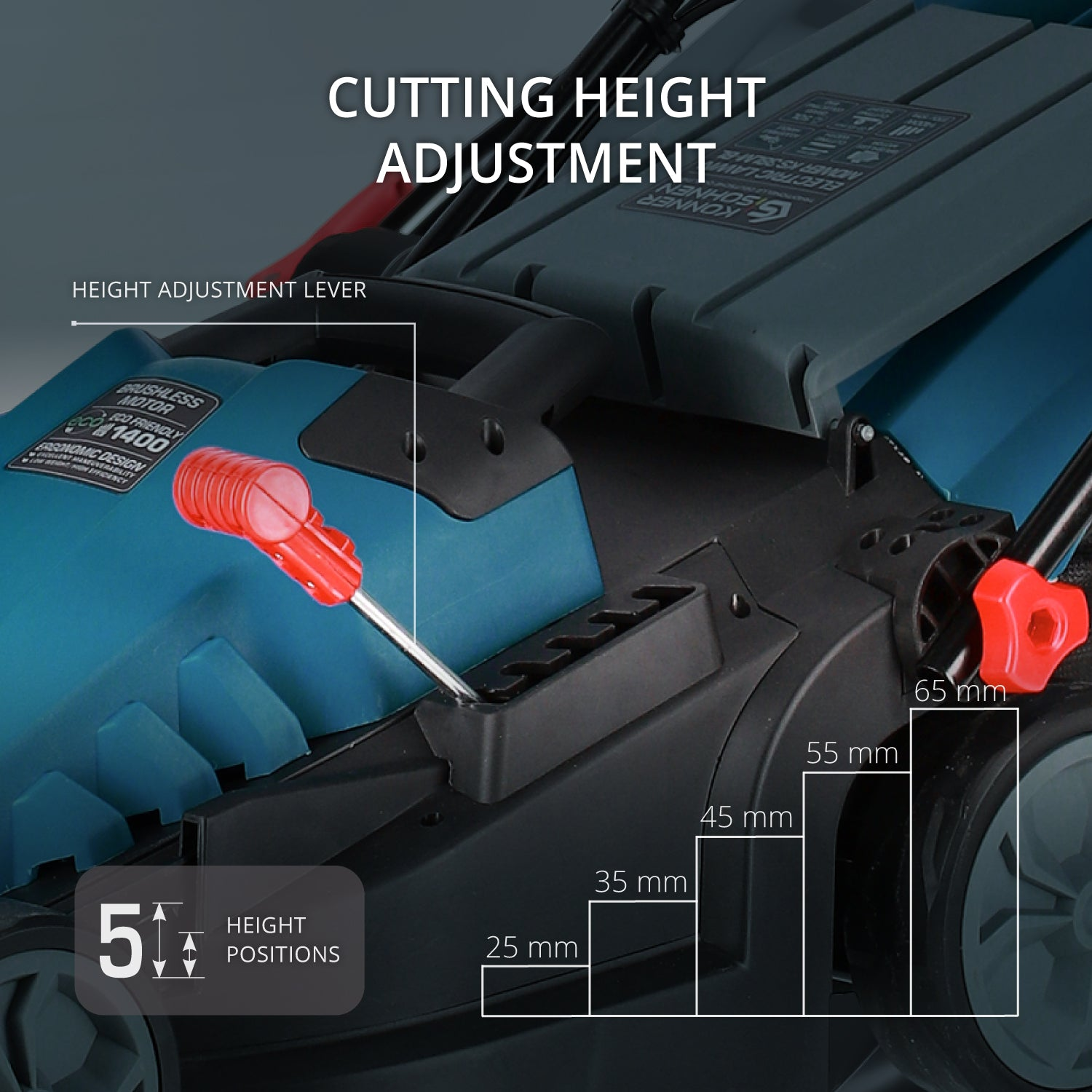 Kosiarka z dźwignią regulacji wysokości. Pokazuje 5 pozycji wysokości, czerwoną dźwignię i tekst.