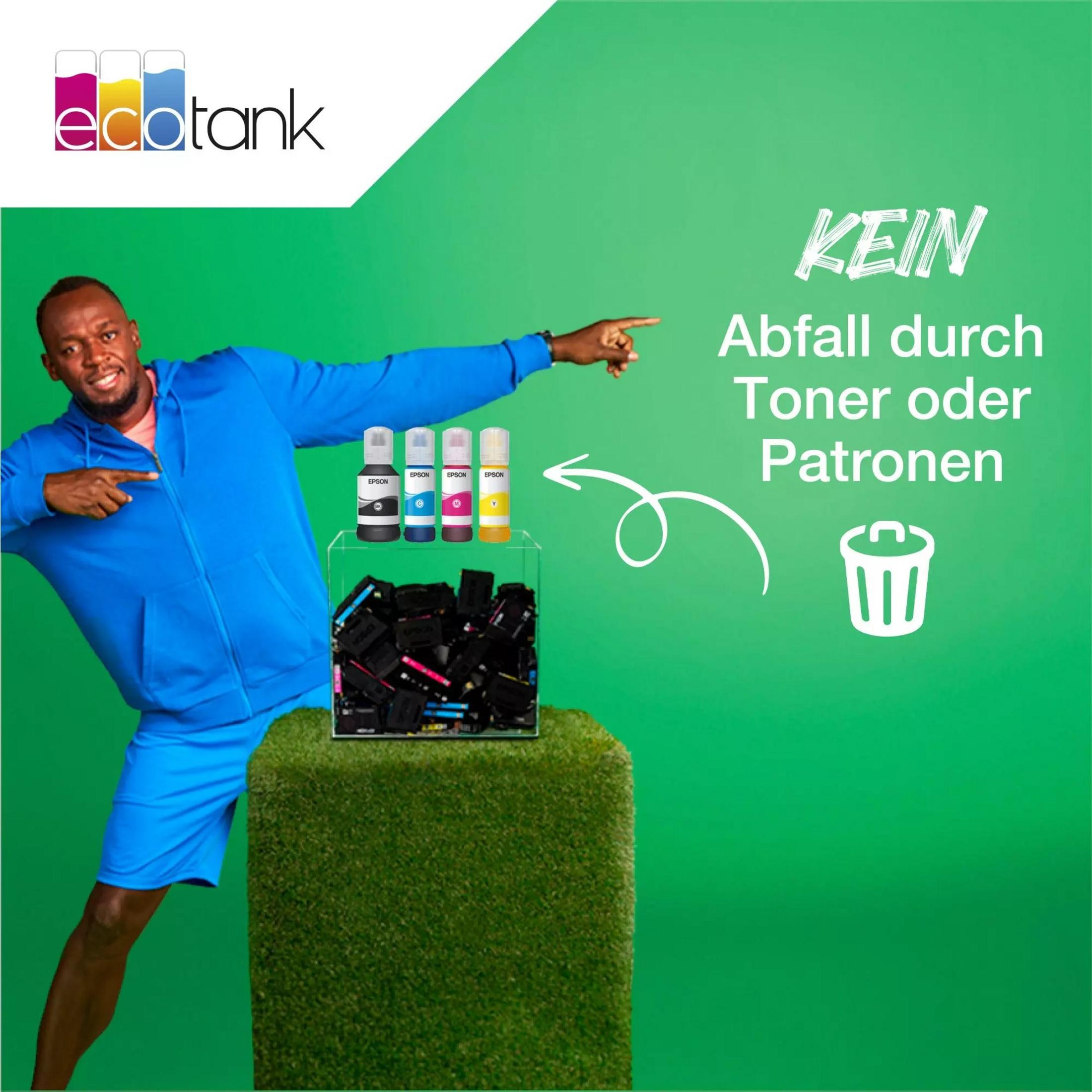 Mężczyzna wskazujący na wkłady atramentowe, tekst: Brak odpadów z tonera lub wkładów.