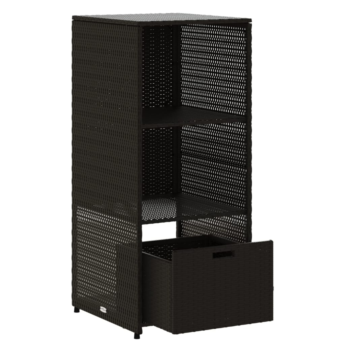 Schwarzer Rattan-Aufbewahrungsschrank mit Regalen und einer Schublade. Er hat ein gitterartiges Design.