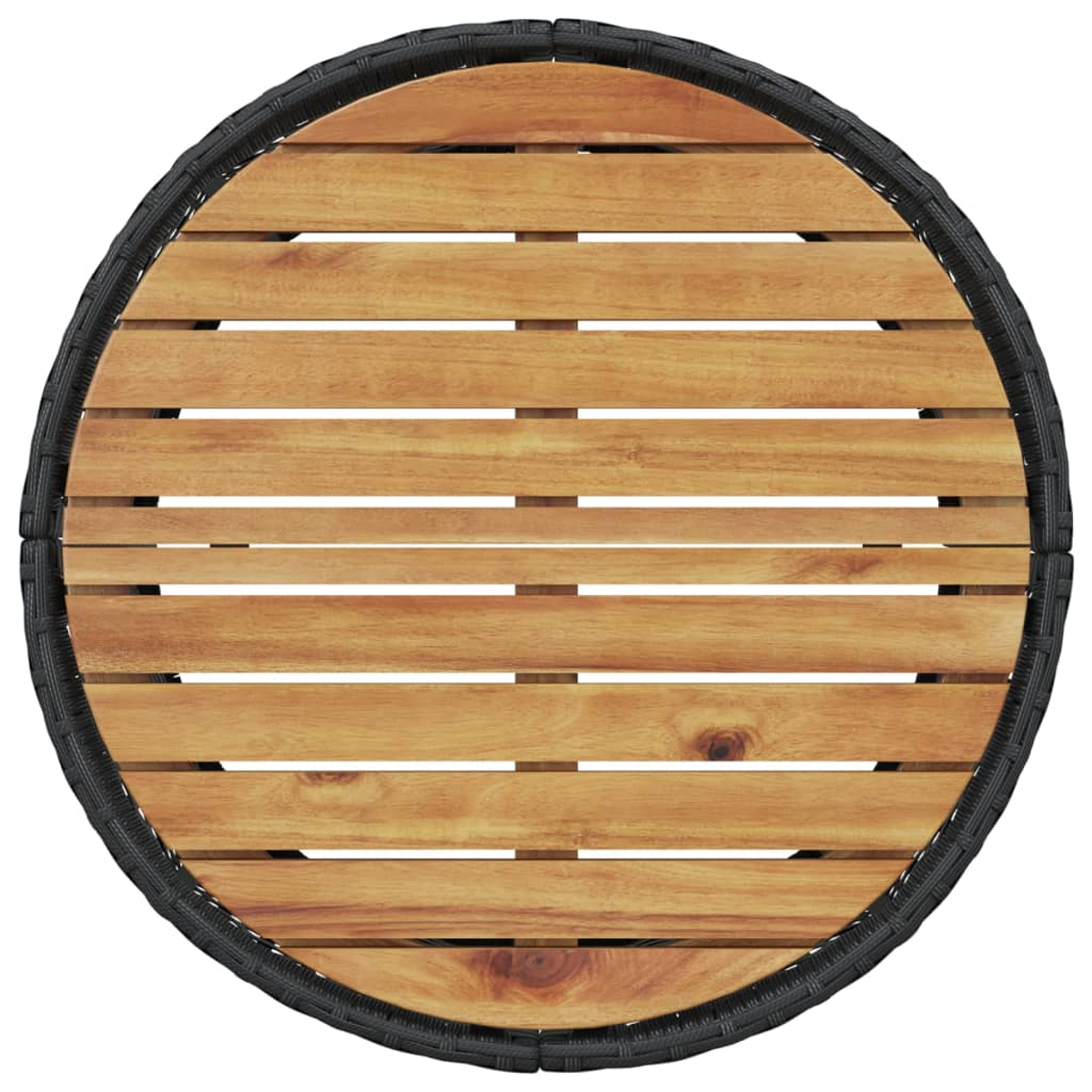 Piano del tavolo rotondo in legno con bordo scuro. Doghe visibili.