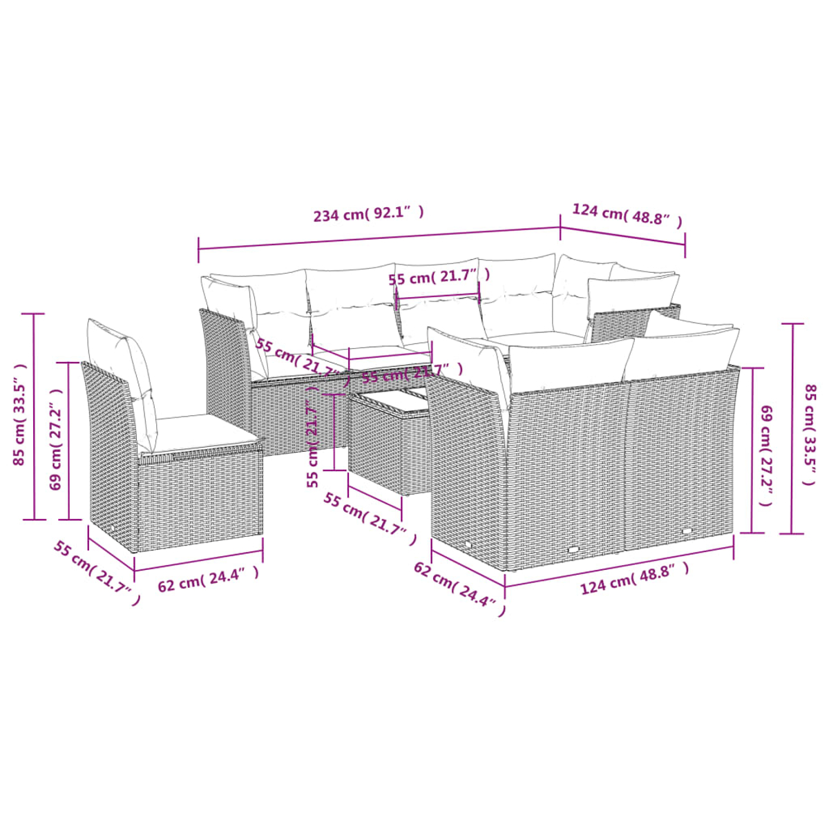 Diagramma di un set di divani in vimini con dimensioni in cm e pollici.