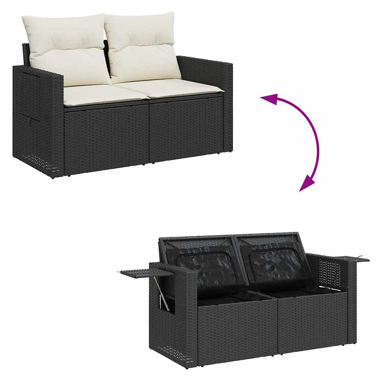 Schwarzes Rattan-Sofa, wandelbares Design, Außenaufstellung, weißer Hintergrund.