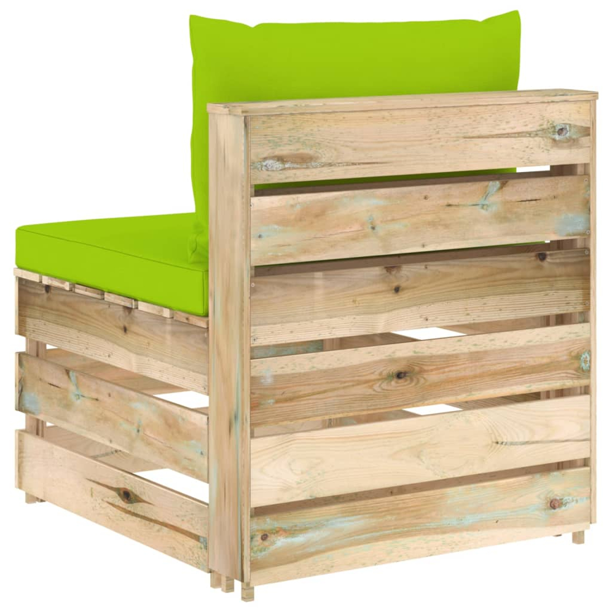 Ein einzelner Holzstuhl mit grünen Kissen. Er hat ein einfaches, offenes Lamellendesign. Der Stuhl ist neu.
