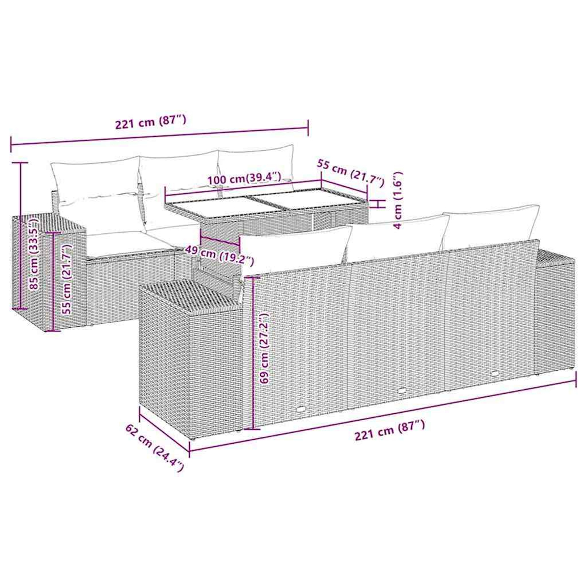 Sofá de mimbre con dimensiones. Cuenta con una mesa y dimensiones. Fondo blanco con etiquetas.