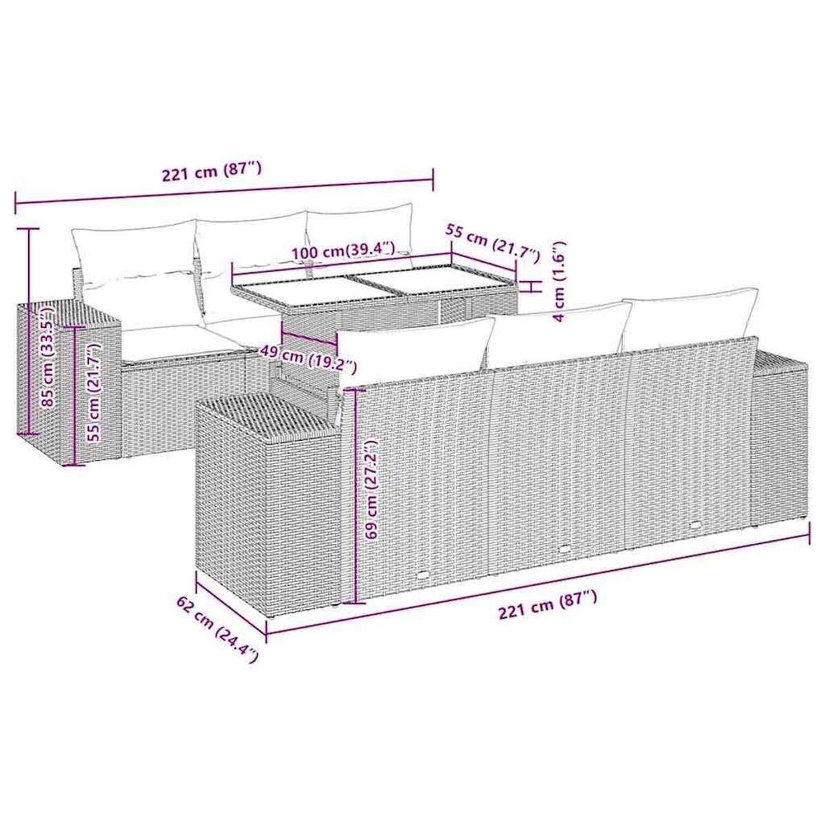 Juego de sofás de mimbre para exteriores con mesa. Sofá de mimbre, dos reposabrazos y una mesa. Cojines blancos. Dimensiones etiquetadas.