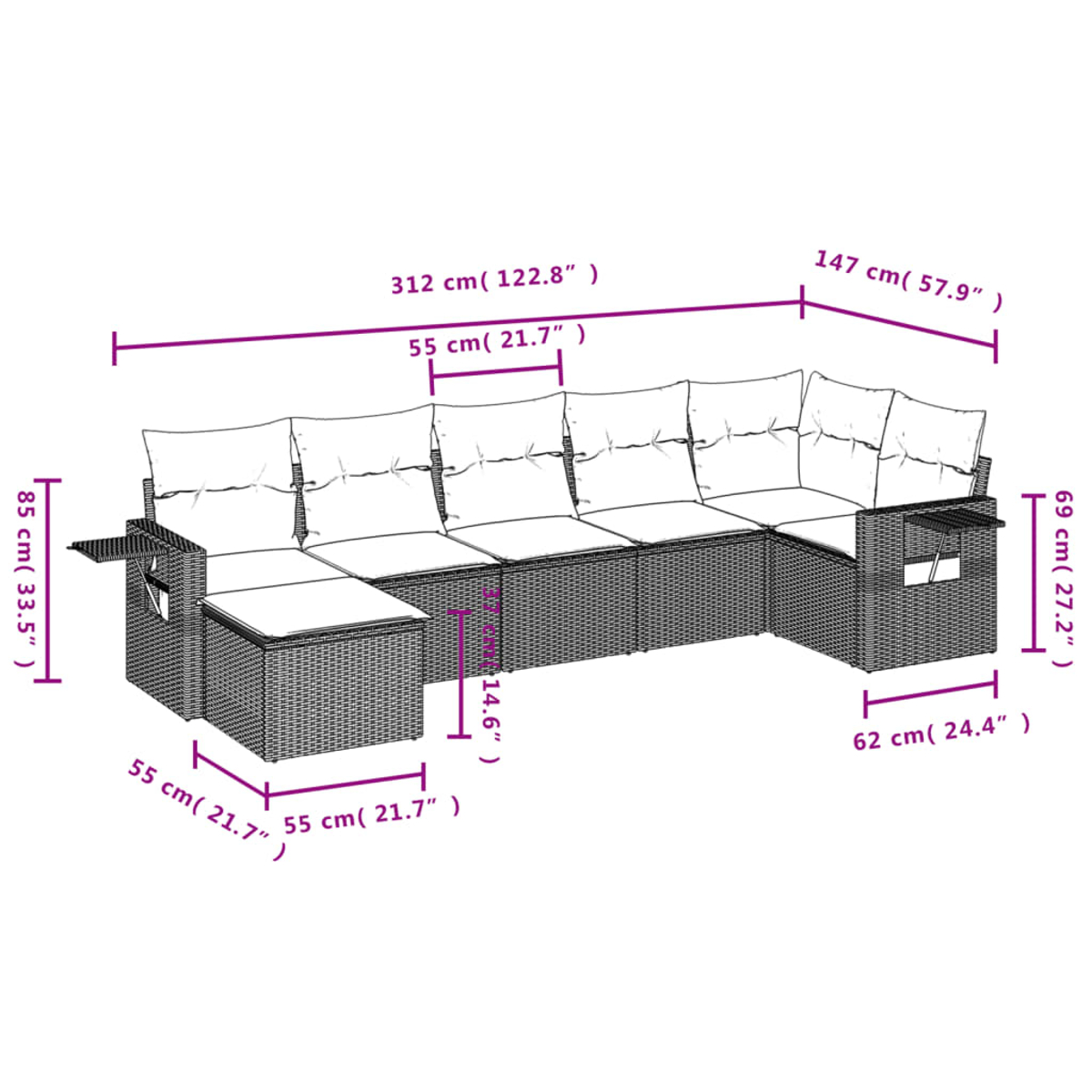 Rattan-Sofagarnitur mit beigefarbenen Kissen. Abmessungen sind angegeben. Weißer Hintergrund.
