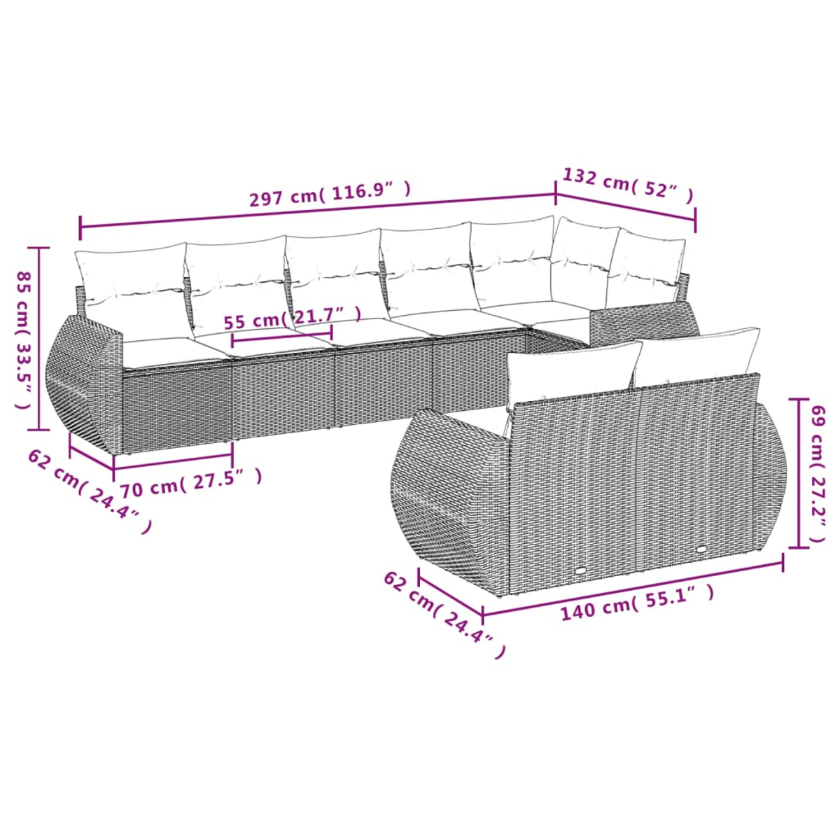 Diagramm eines großen Outdoor-Sofas mit Maßen. Das Sofa ist aus Korbgeflecht mit weißen Kissen gefertigt.