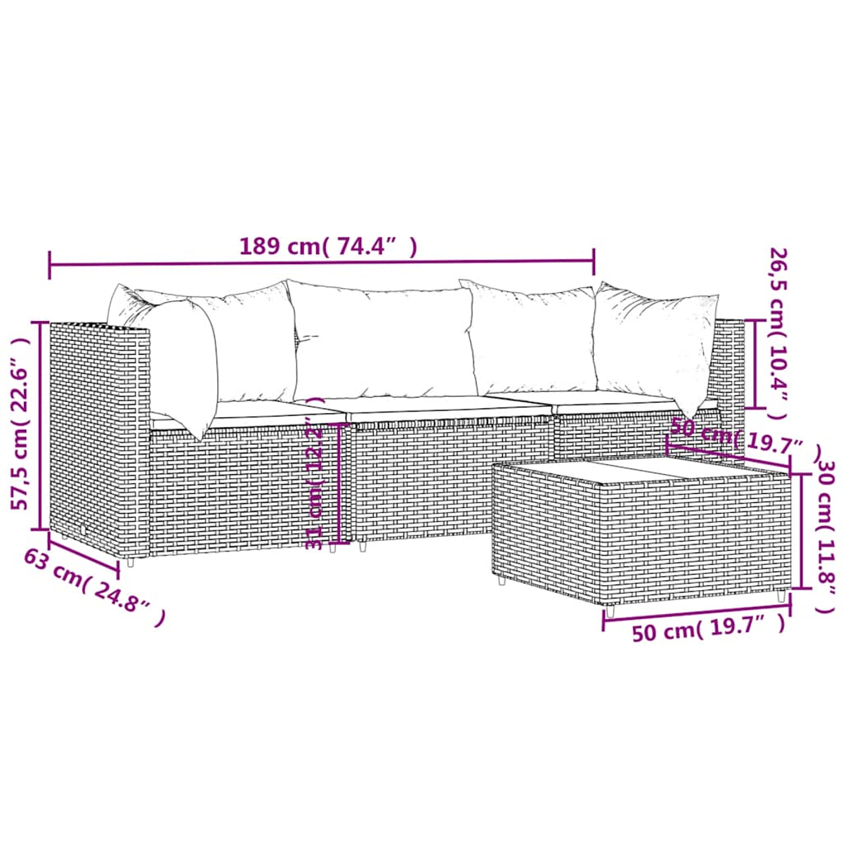 Eck-Outdoor-Sofa aus Korbgeflecht mit Sofa und Hocker. Abmessungen sind angegeben.
