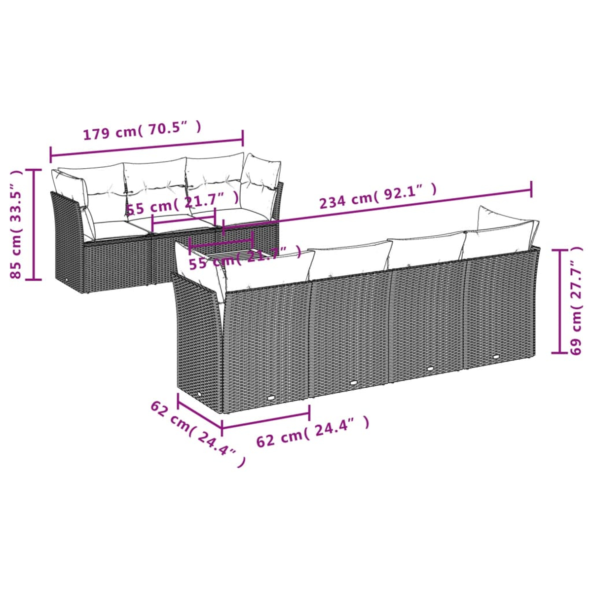 Set von Gartenmöbeln. Zwei Sofas sind nebeneinander platziert, mit Abmessungen in cm und Zoll.