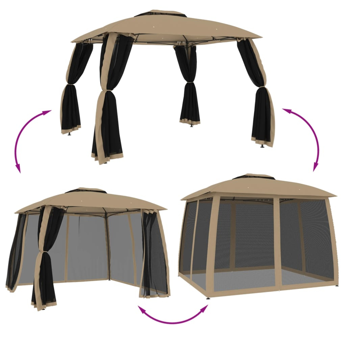 Gazebo esterno beige con tende nere. Diverse viste che mostrano la trasformazione con frecce.