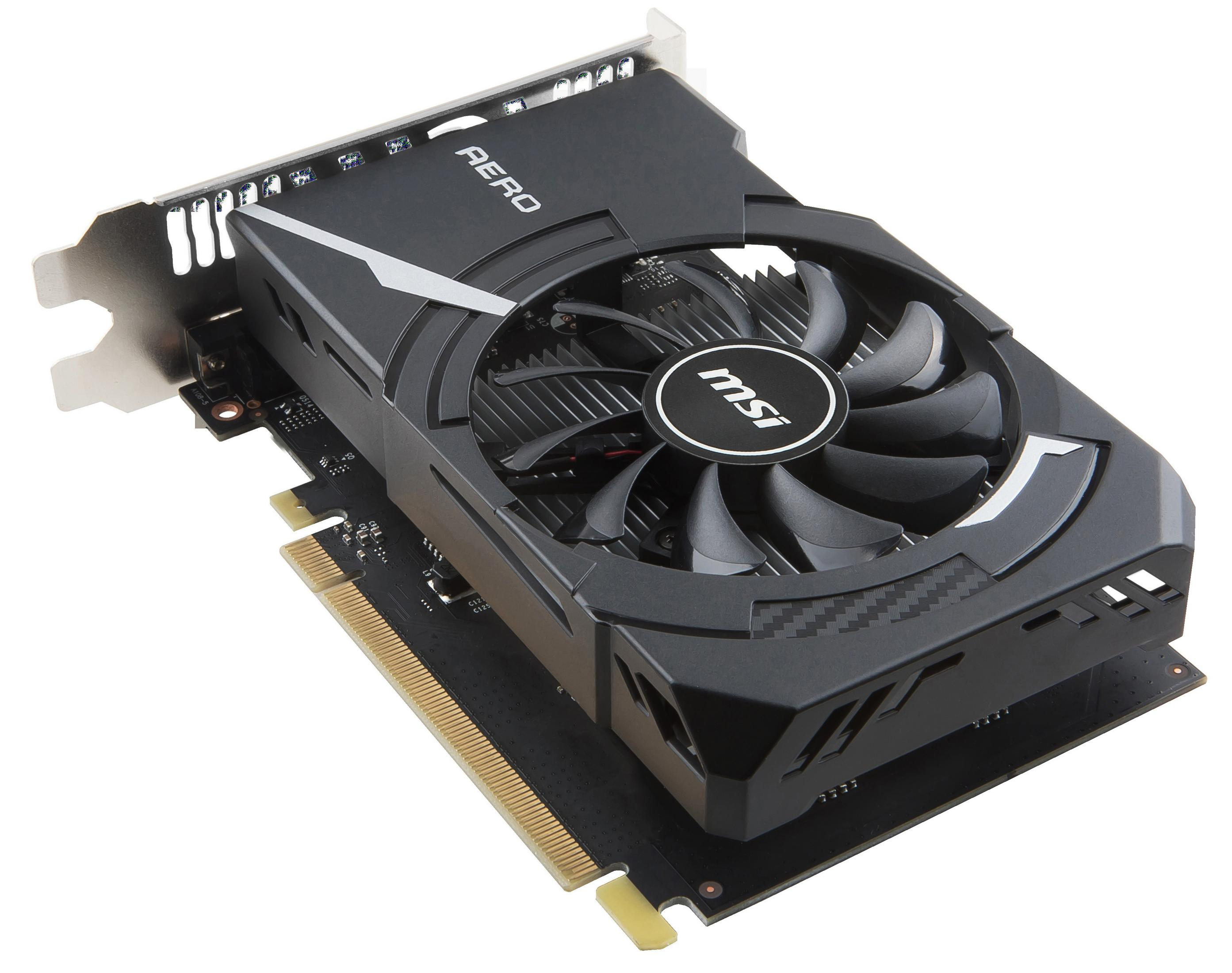 MSI Aero grafik kartının yakın çekimi. Siyah fan, gümüş konektörler ve devre kartı görünür.