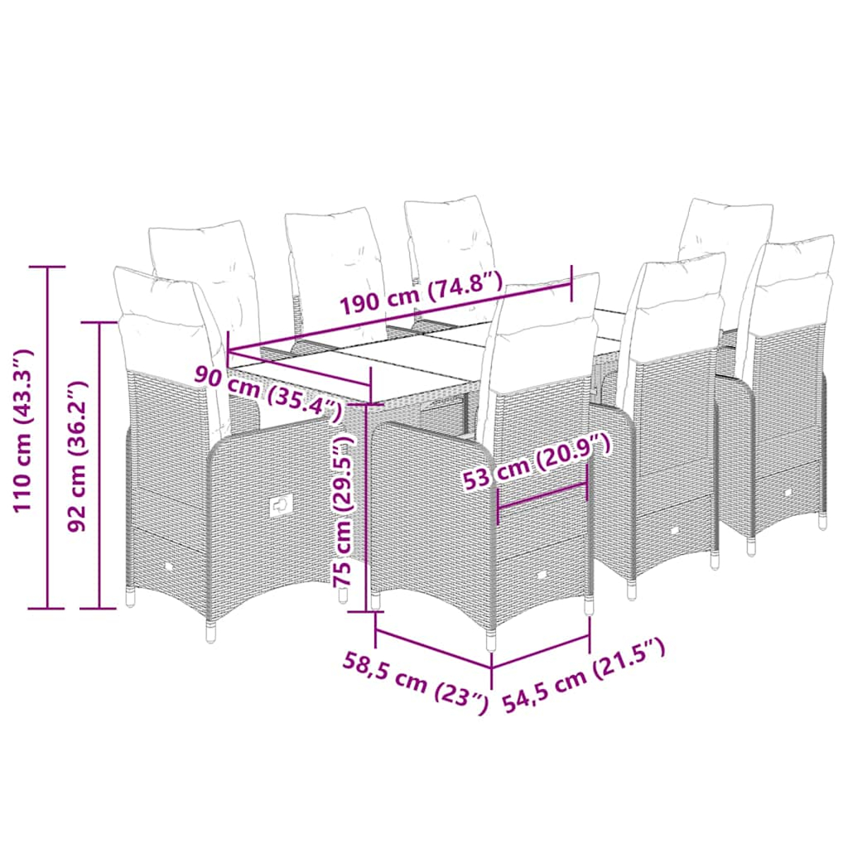 Set da pranzo da esterno in vimini con dimensioni indicate. Include un tavolo e sedie.