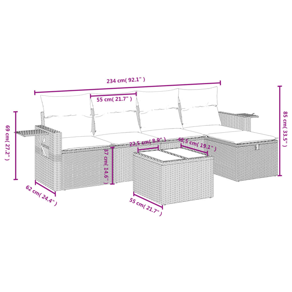 Ein Ecksofa-Set aus Korbgeflecht mit Maßen, Couchtisch und Beistelltisch, auf weißem Hintergrund.