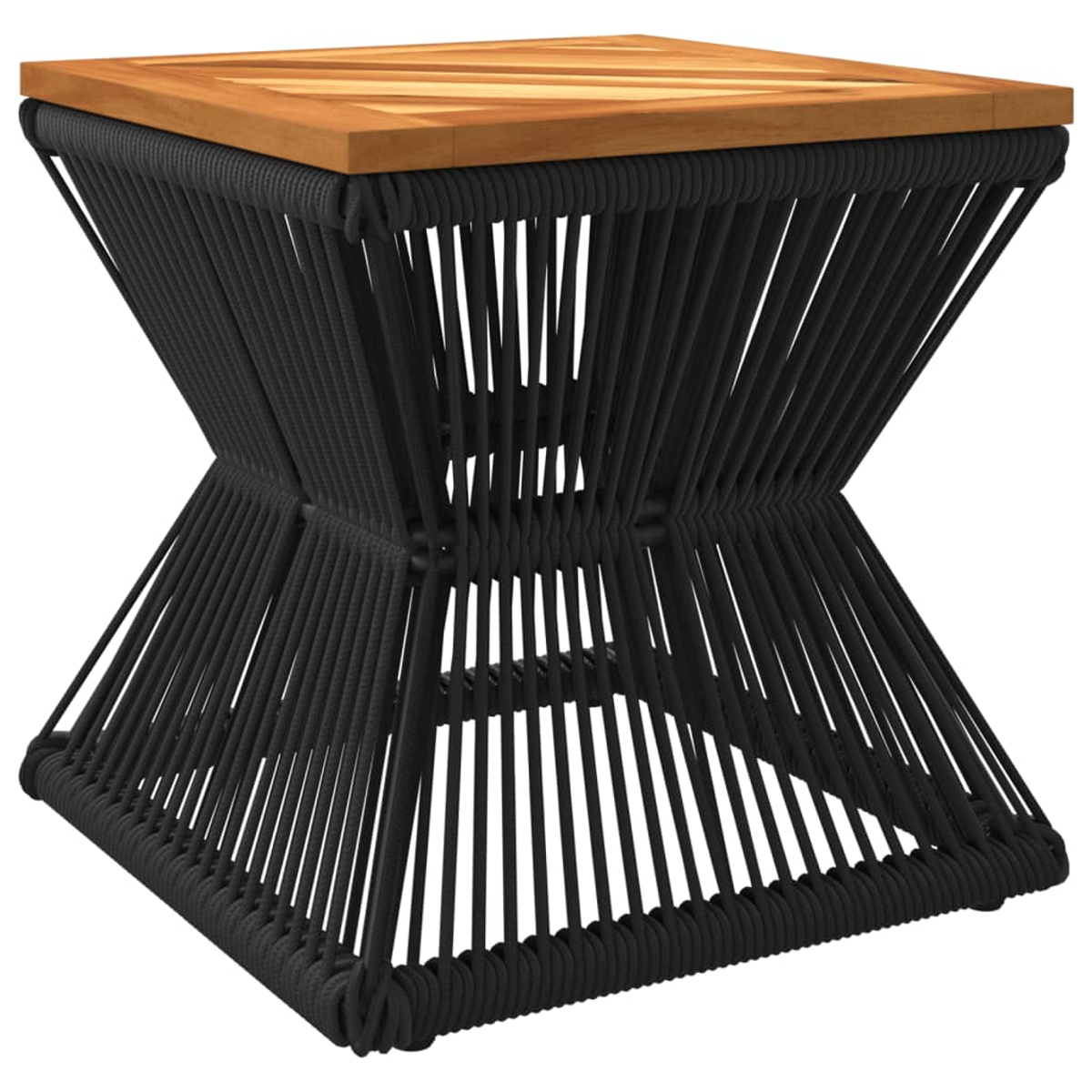 Schwarzer Tisch mit Holzplatte, Seilseiten.