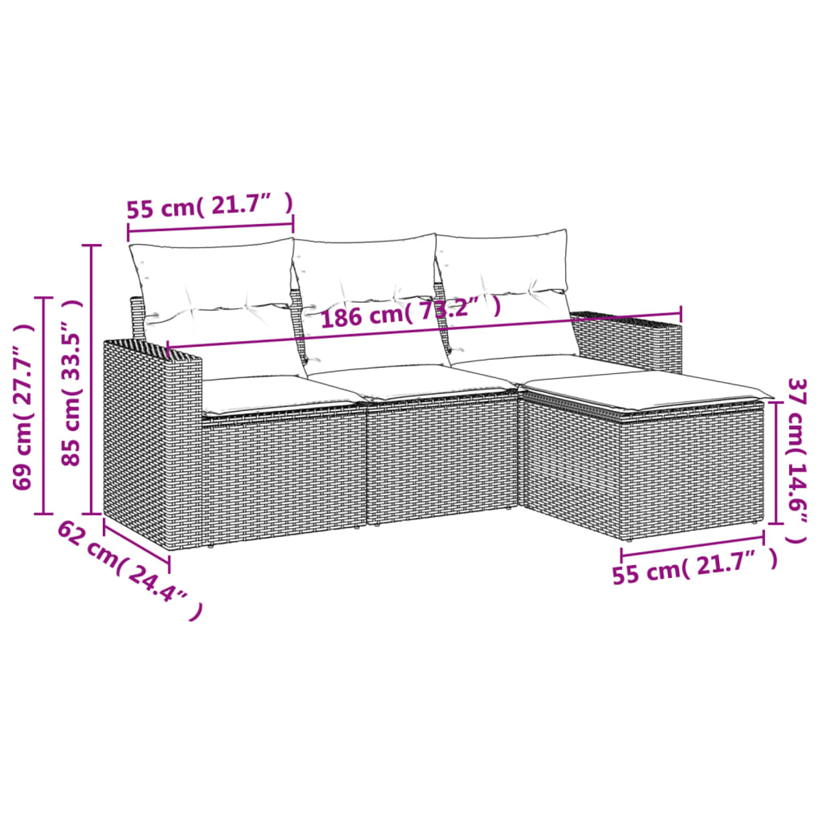 Un diagramma di un divano componibile con dimensioni in centimetri. Ha una chaise longue.