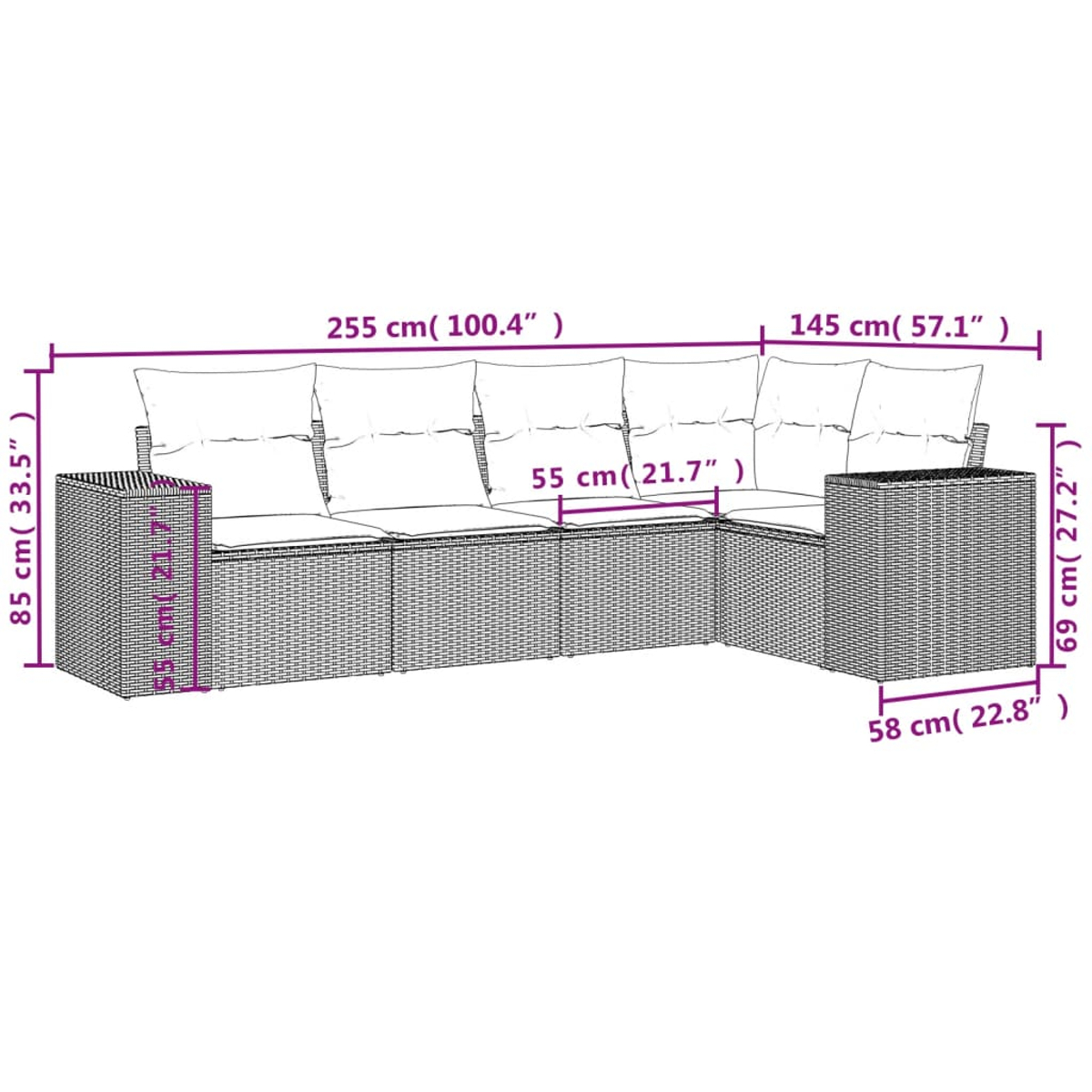 Ein Outdoor-Ecksofa mit Maßangaben. Es hat Kissen und ist aus Korbgeflecht.