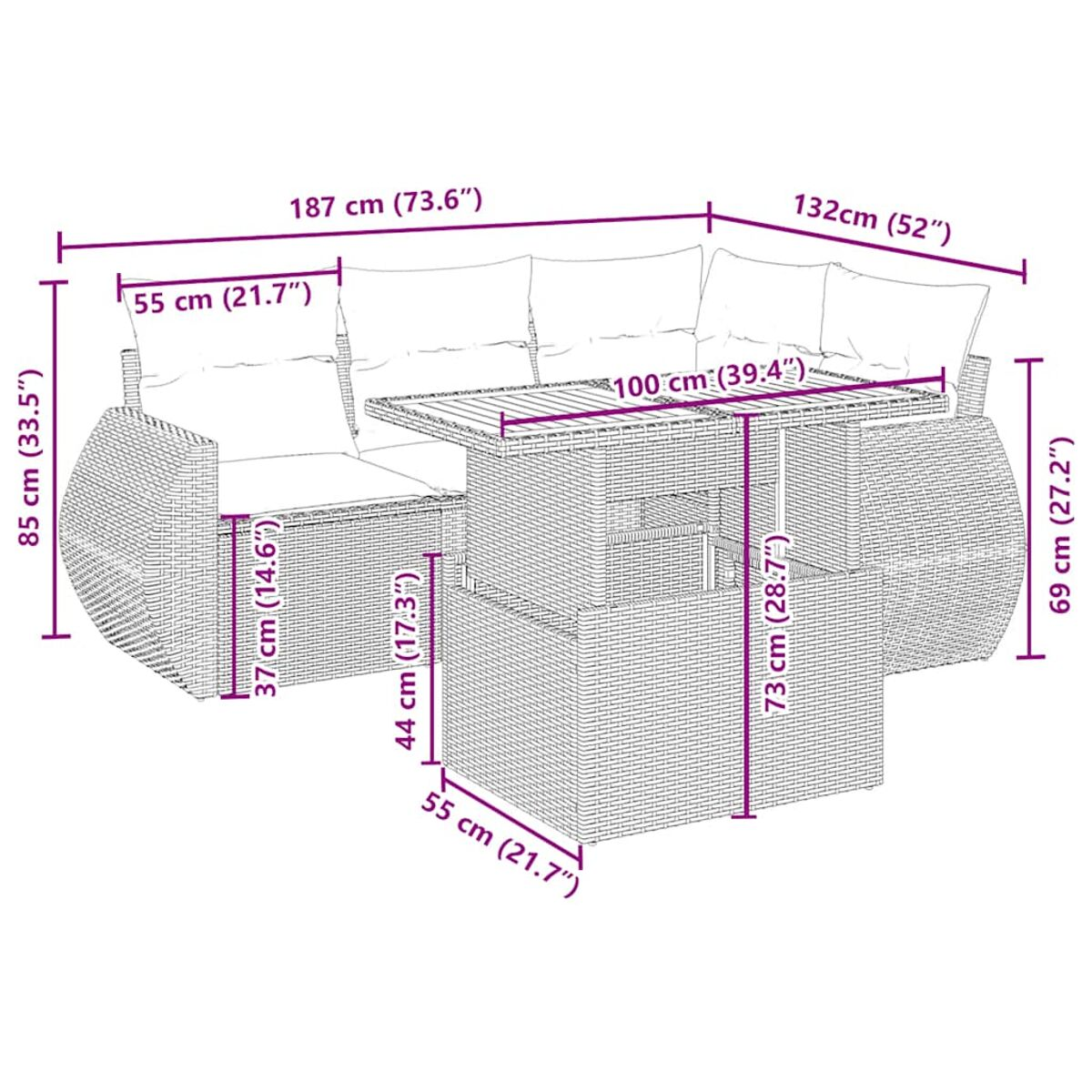Un diagramma che mostra le dimensioni di un set di divani in vimini da esterno con tavolo e cuscini.