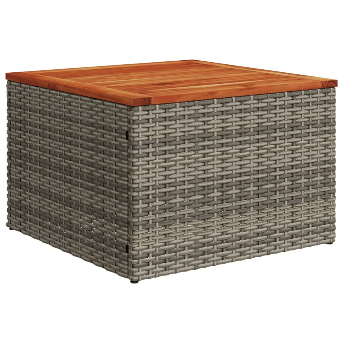 Ein quadratischer Korbtisch mit einer Holzplatte. Der Rahmen ist aus grauem Korbgeflecht gewebt.