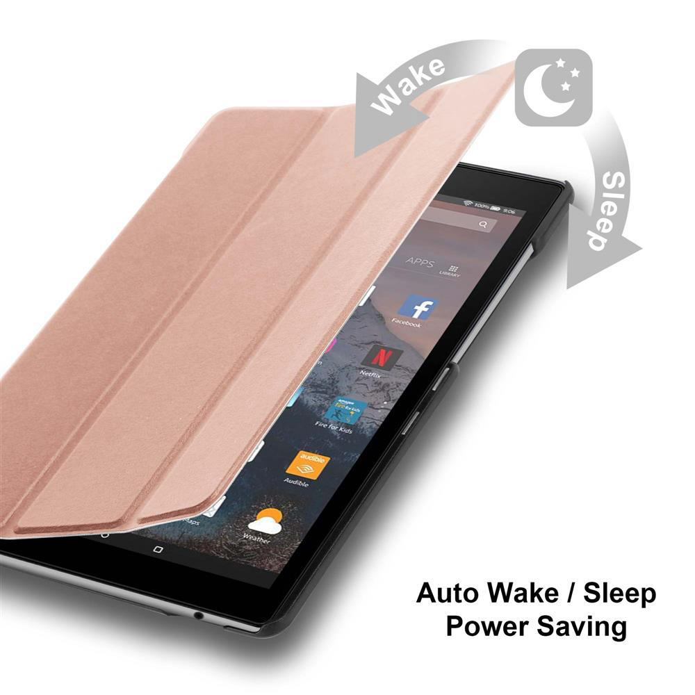 Tablet mit rosafarbenem Case. Das Case ist geöffnet und zeigt den Bildschirm. Automatisches Aufwachen/Schlafen.