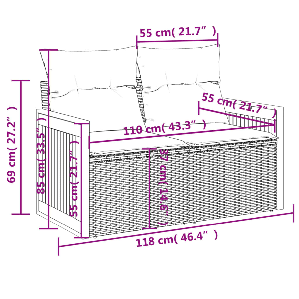 Geflochtenes Outdoor-Sofa mit Kissen, Maße sind dargestellt.