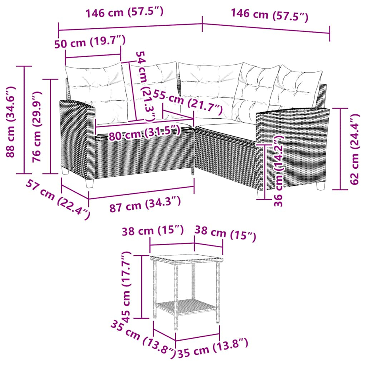 Schema di un divano a L in rattan con dimensioni e un tavolino quadrato.