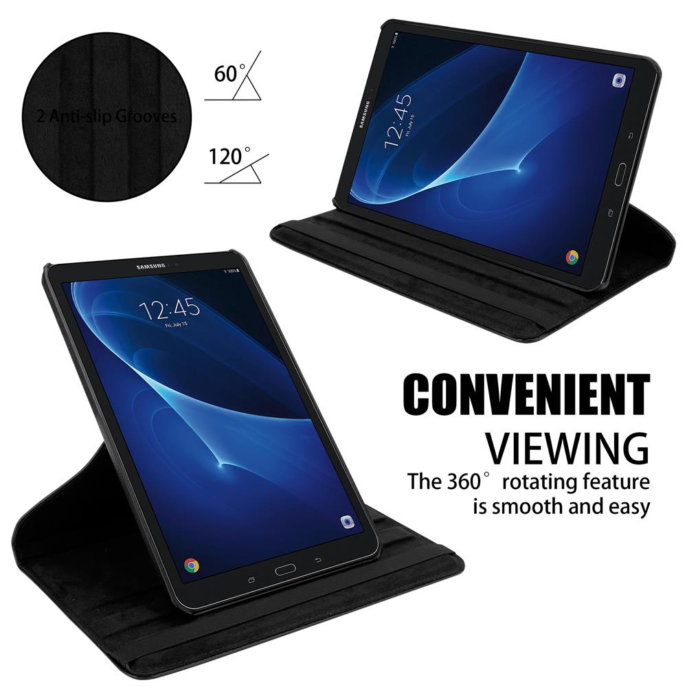 Tablet in schwarzem Gehäuse, in verschiedenen Winkeln dargestellt. Drehbare Anzeige.