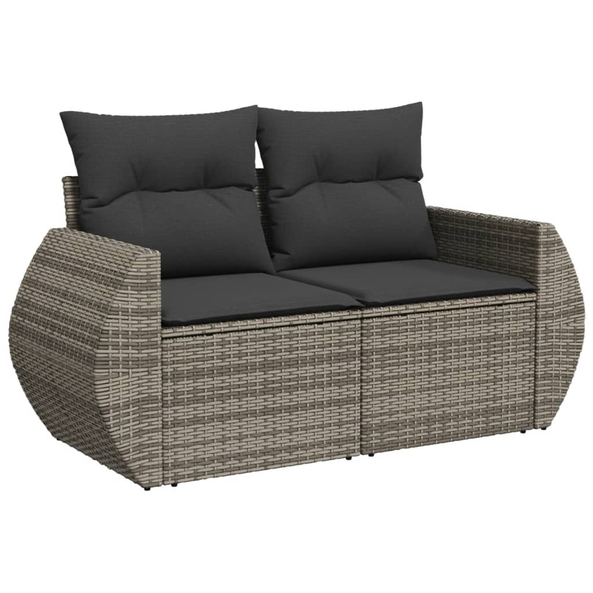 Zweisitzer-Korbsessel mit grauen Kissen und Kissen. Das Sofa hat ein abgerundetes Design.