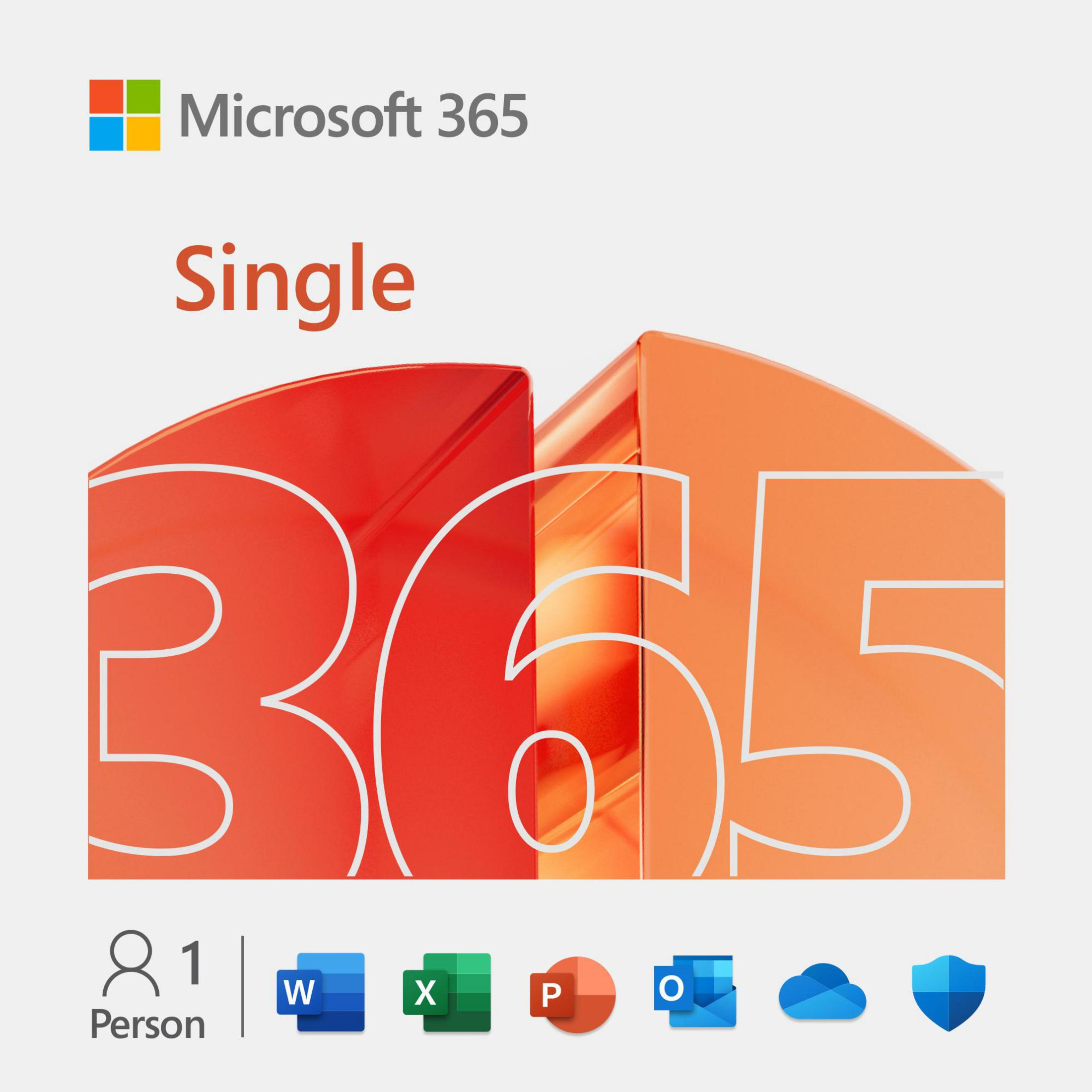 Opakowanie produktu Microsoft 365 Single z logo i słowem Single w kolorze czerwonym.