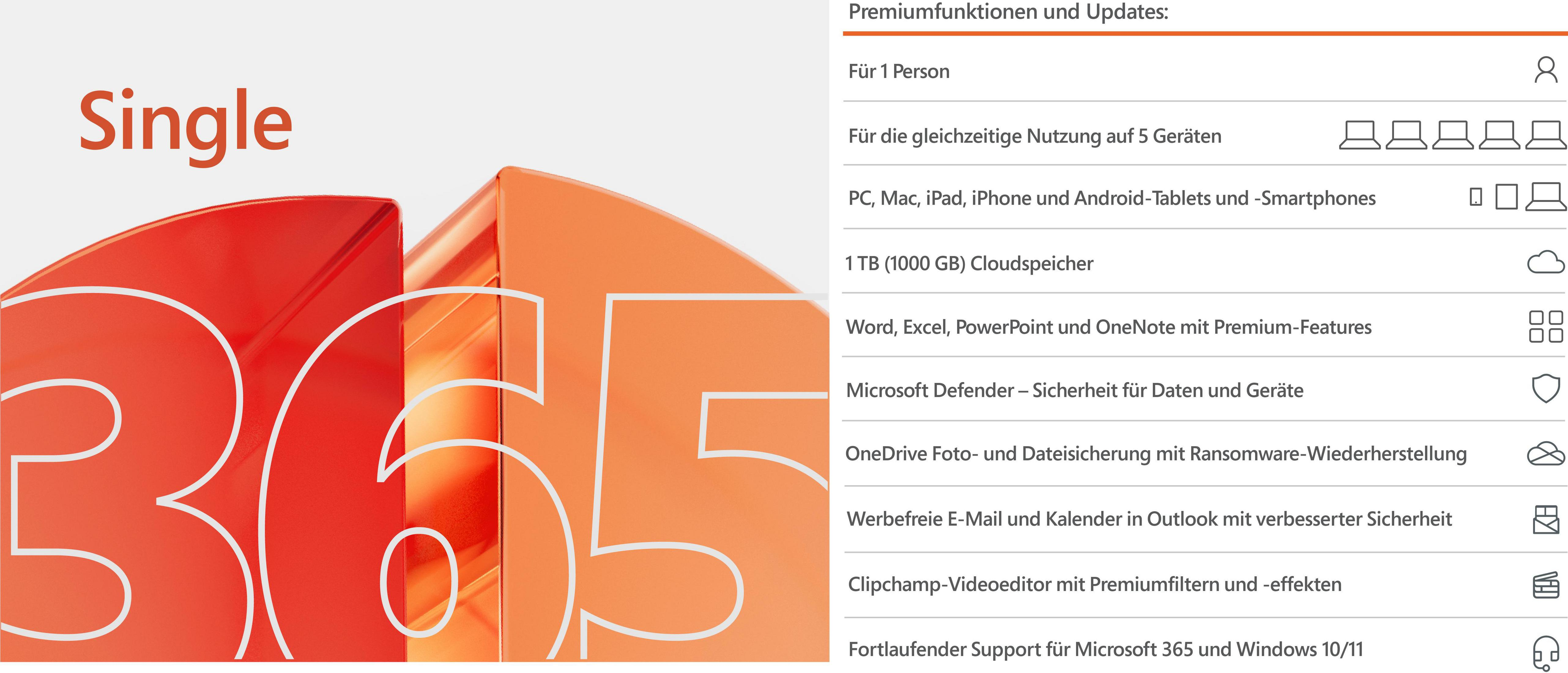 Opakowanie produktu Microsoft 365 Single z listą funkcji. Kolory czerwony i pomarańczowy.