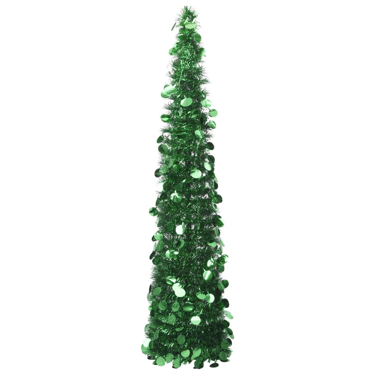 Grüner Lametta-Weihnachtsbaum mit grünen runden Verzierungen auf weißem Hintergrund.