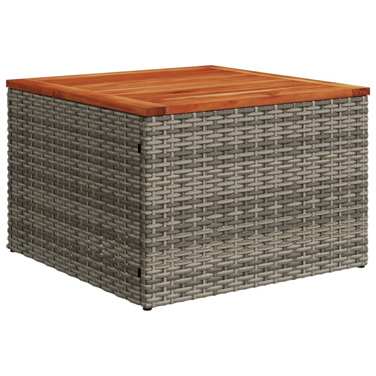 Quadratischer Korbtisch mit Holzplatte. Der Tisch ist in einem hellgrauen Farbton gewebt.