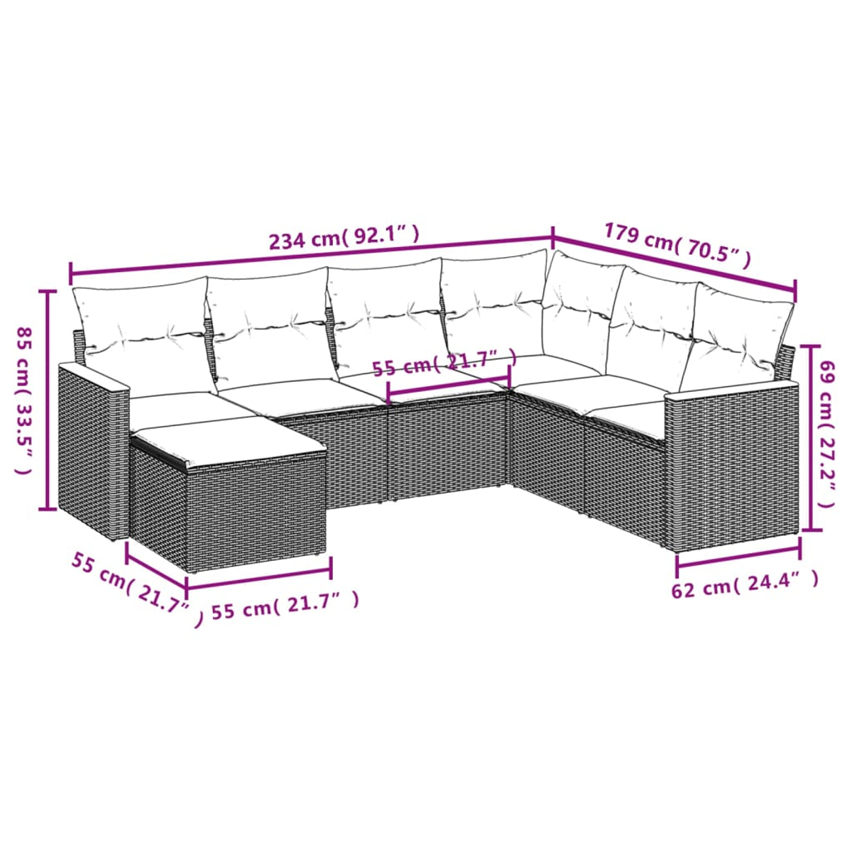 U-förmiges Rattan-Sofaset mit weißen Kissen. Abmessungen enthalten.